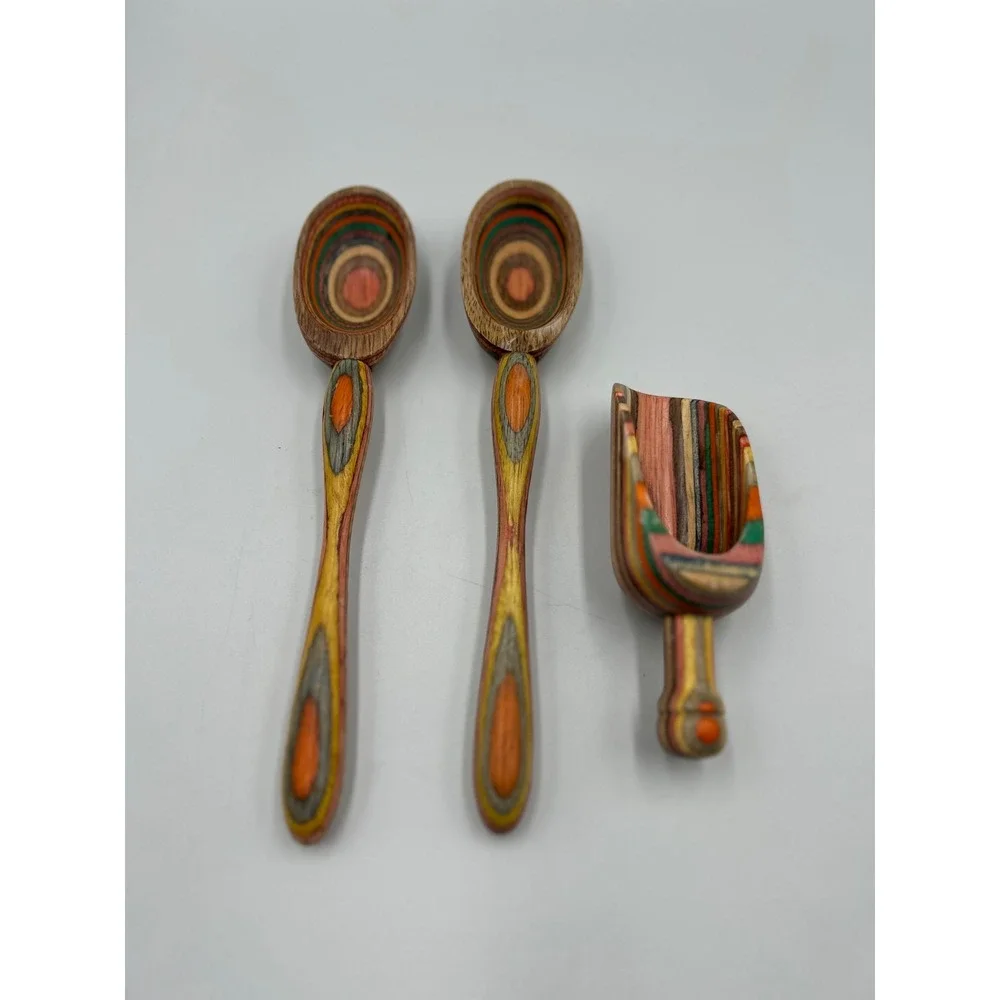 Handcrafted Multi-Color Laminated Wood Spoon and Scoop Set 3pc Artisan Utensil